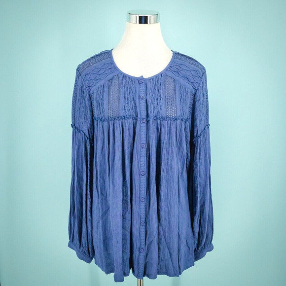 Sundance Size Small S Blue Crochet Boho Peasant Style Crew Button Top Blouse - Picture 1 of 6